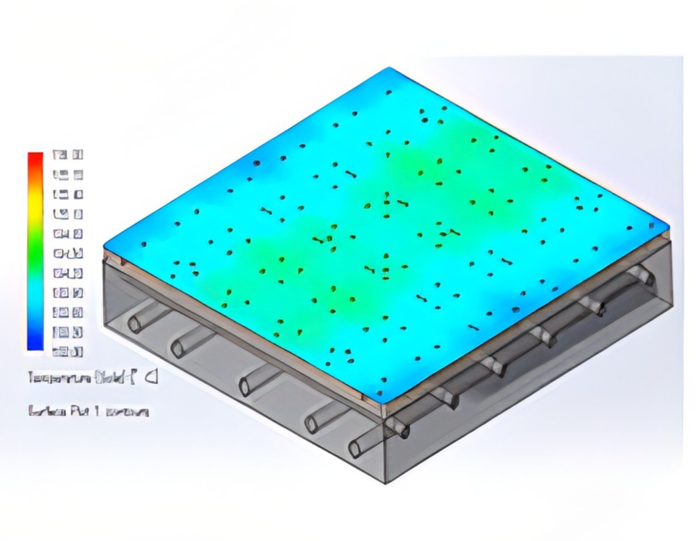 熱構造解析によるヒータ設計の最適化。プレート表面温度の均一化で、生産効率向上と設備削減を実現